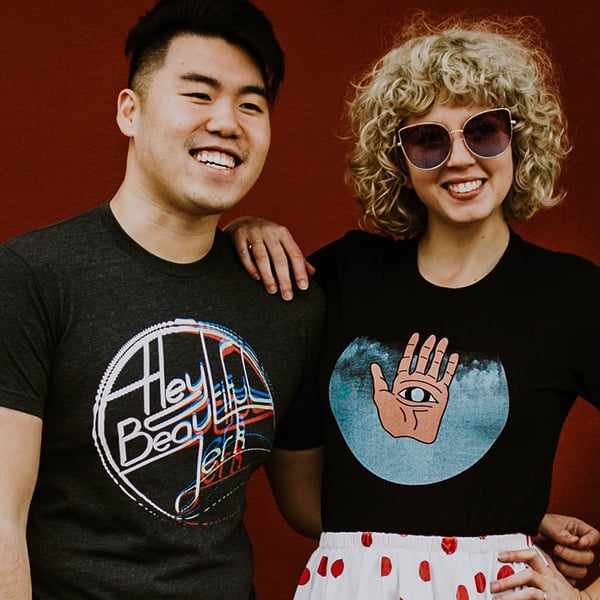 Happy man and women in short sleeve tshirts