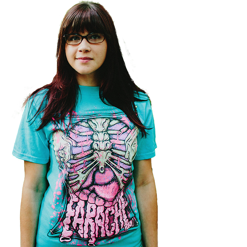 Woman wearing a turquoise Bella+Canvas tee
