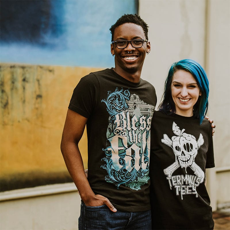 Two Terminus Tees team members wearing custom printed black tshirts