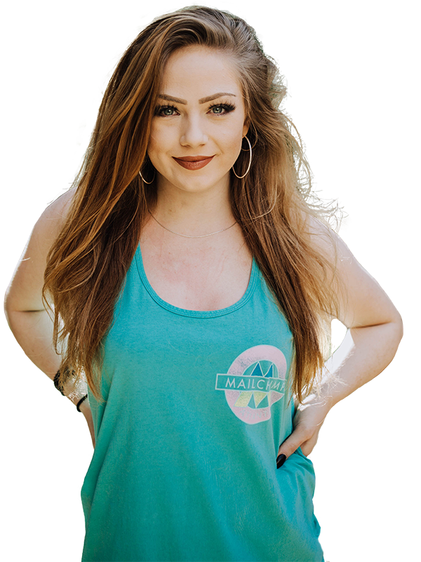 Teal tank top on a smiling woman