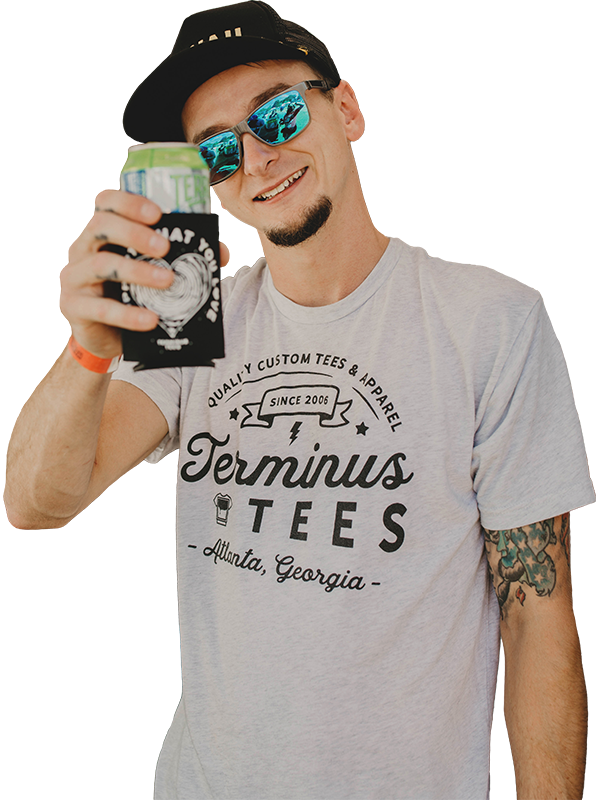 Man wearing a branded tshirt and hat and holding a branded drink koozie