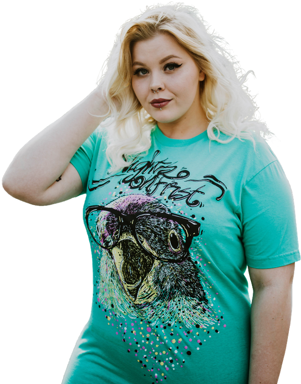 Turquoise Next Level tshirt on a woman
